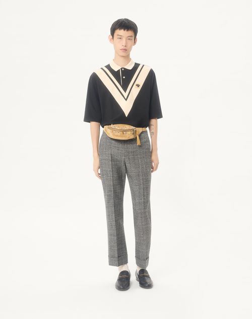 Valentino - Valentino Cotton Polo With Inlaid V And Embroidered Panther Patch - Black/butter - Man - T-shirts And Sweatshirts